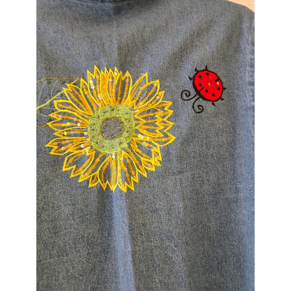 Vintage Embroidered Sunflower Ladybug Denim Jacket Blue Large L Cotton Pockets - Picture 7 of 16